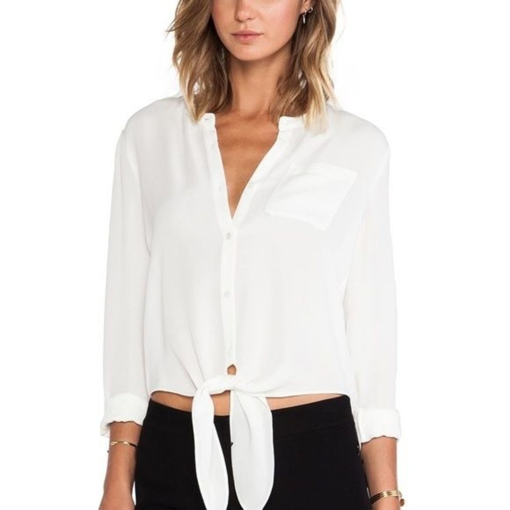 THEORY KEVINE SILK BUTTON TIE FRONT CROPPED SHEER LONG SLEEVE BLOUSE WHITE M